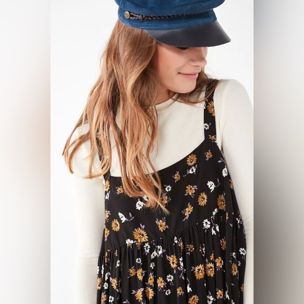 Kimchi Black Mini Dress Floral Accents Casual Boho Bohemian Urban Outfitters XS